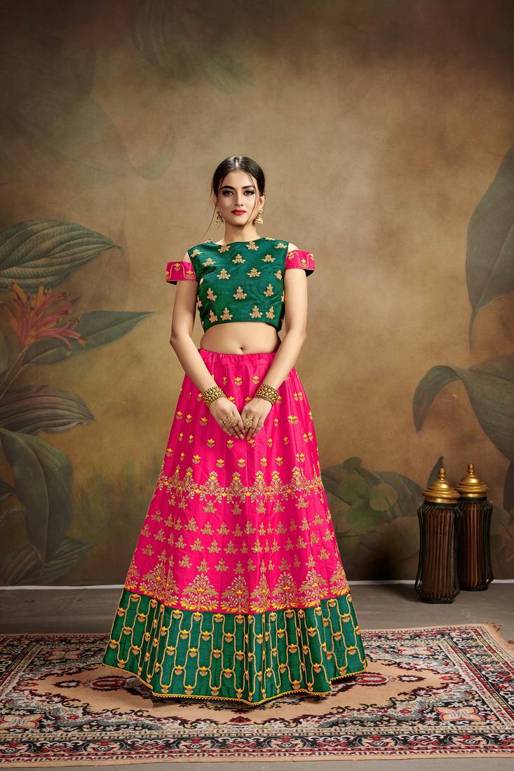 Pink Embroidered Silk Blend Semi Stitched Lehenga Choli