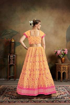 Orange Embroidered Silk Blend Semi Stitched Lehenga Choli 2