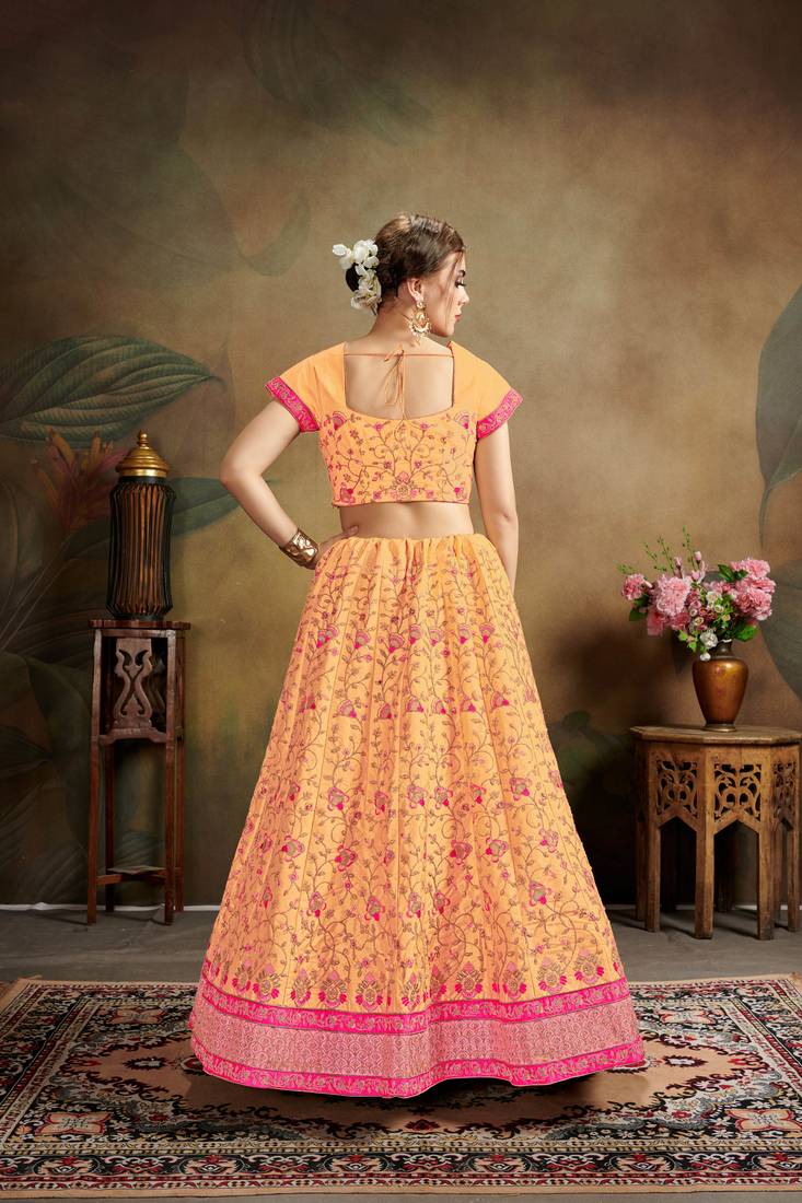 Orange Embroidered Silk Blend Semi Stitched Lehenga Choli