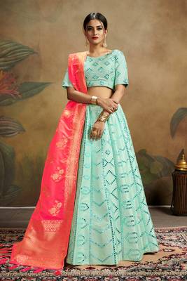 Turquoise Embroidered Silk Blend Semi Stitched Lehenga Choli 1