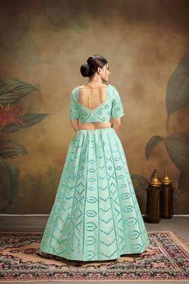 Turquoise Embroidered Silk Blend Semi Stitched Lehenga Choli 2