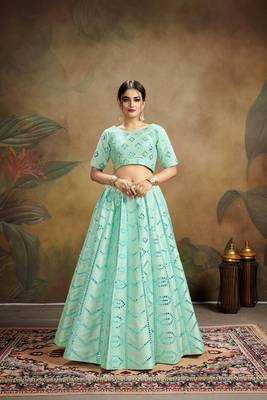 Turquoise Embroidered Silk Blend Semi Stitched Lehenga Choli 3