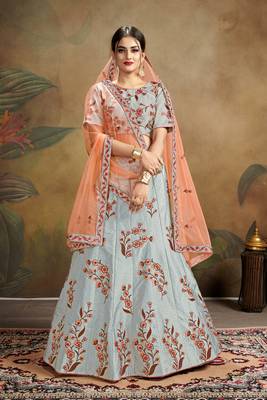 Grey Embroidered Satin Semi Stitched Lehenga Choli 1