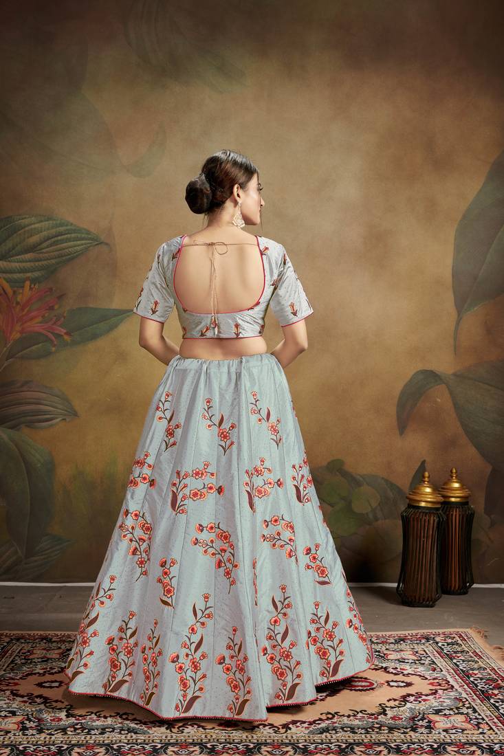 Grey Embroidered Satin Semi Stitched Lehenga Choli