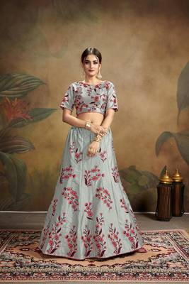 Grey Embroidered Satin Semi Stitched Lehenga Choli 3