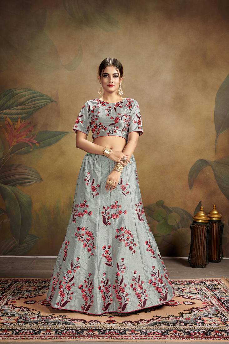 Grey Embroidered Satin Semi Stitched Lehenga Choli