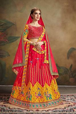 Red Embroidered Satin Semi Stitched Lehenga Choli 1