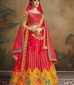 Red Embroidered Satin Semi Stitched Lehenga Choli