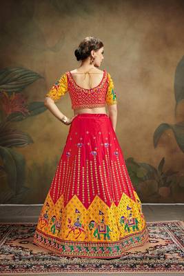 Red Embroidered Satin Semi Stitched Lehenga Choli 2