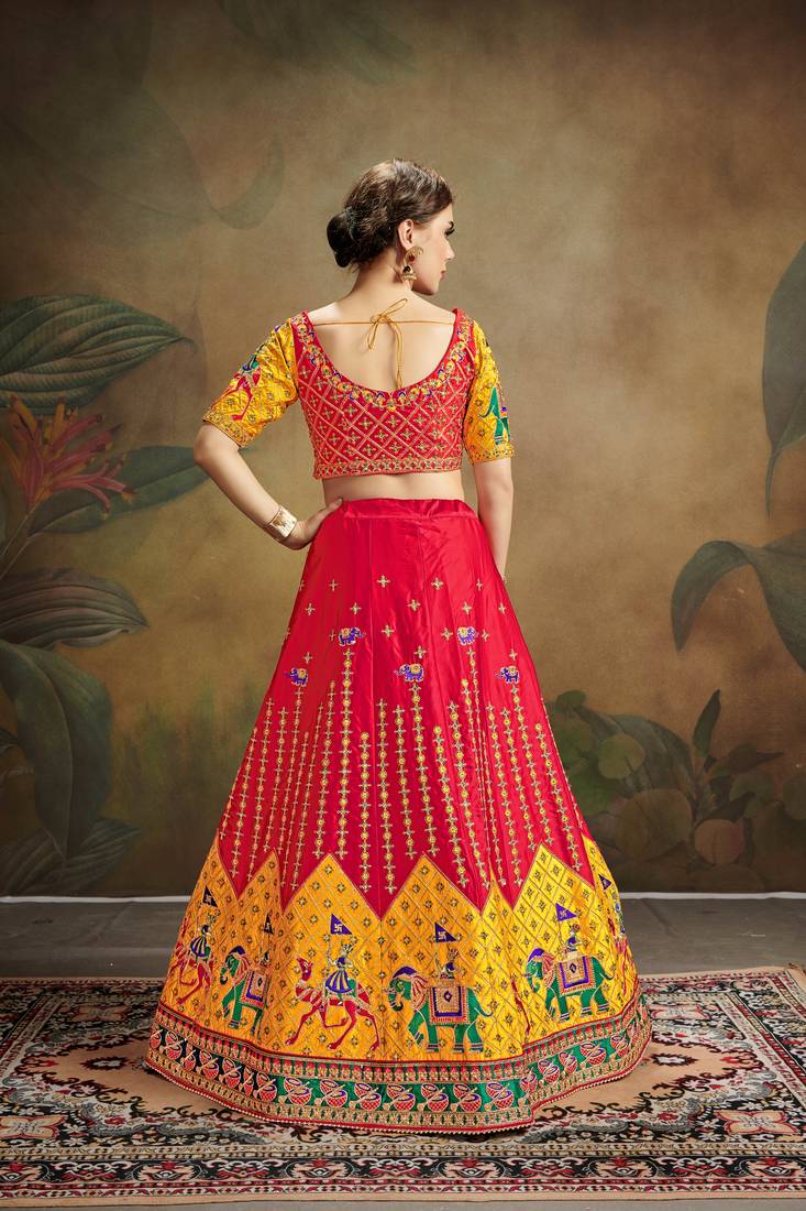 Red Embroidered Satin Semi Stitched Lehenga Choli