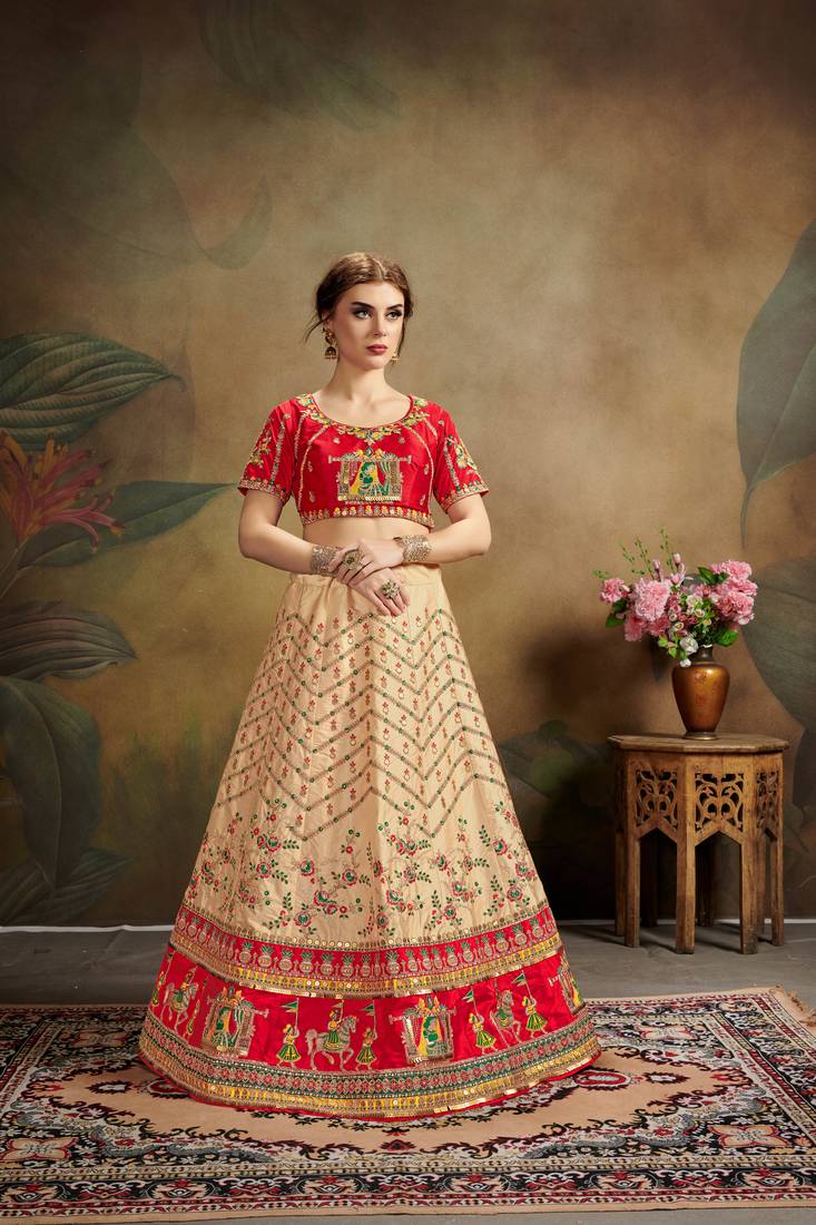 Red Embroidered Satin Semi Stitched Lehenga Choli