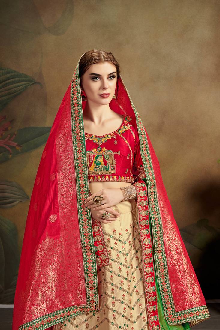 Red Embroidered Satin Semi Stitched Lehenga Choli