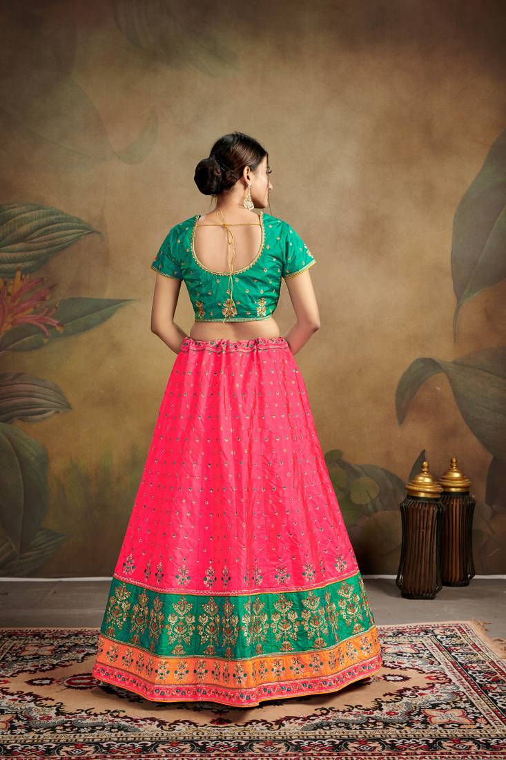 Pink Embroidered Silk Blend Semi Stitched Lehenga Choli