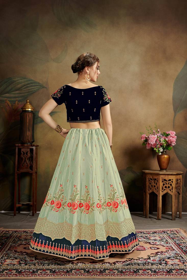 Green Embroidered Silk Blend Semi Stitched Lehenga Choli