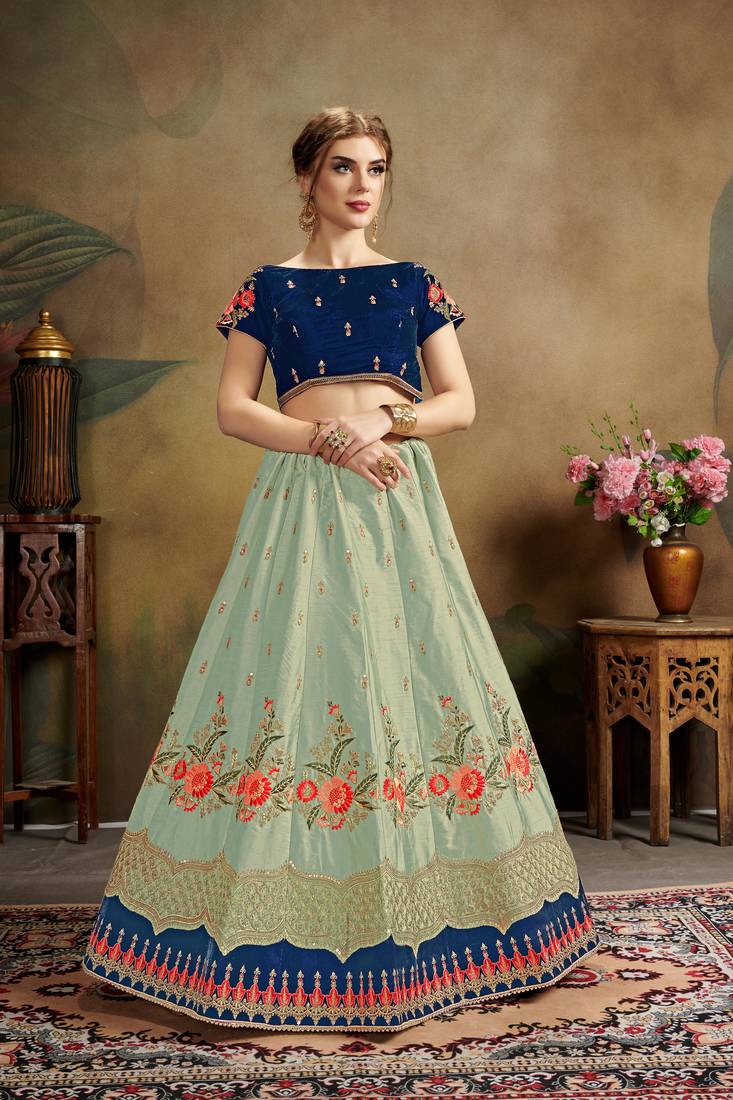 Green Embroidered Silk Blend Semi Stitched Lehenga Choli