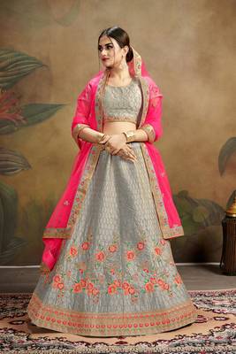 Grey Embroidered Silk Blend Semi Stitched Lehenga Choli 1