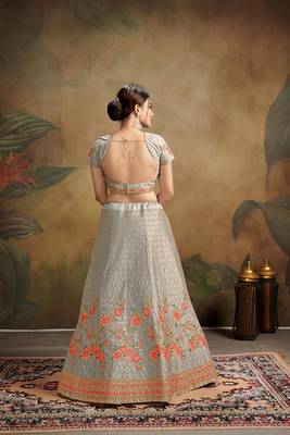 Grey Embroidered Silk Blend Semi Stitched Lehenga Choli 2