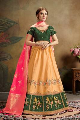 Peach Embroidered Silk Blend Semi Stitched Lehenga Choli 1