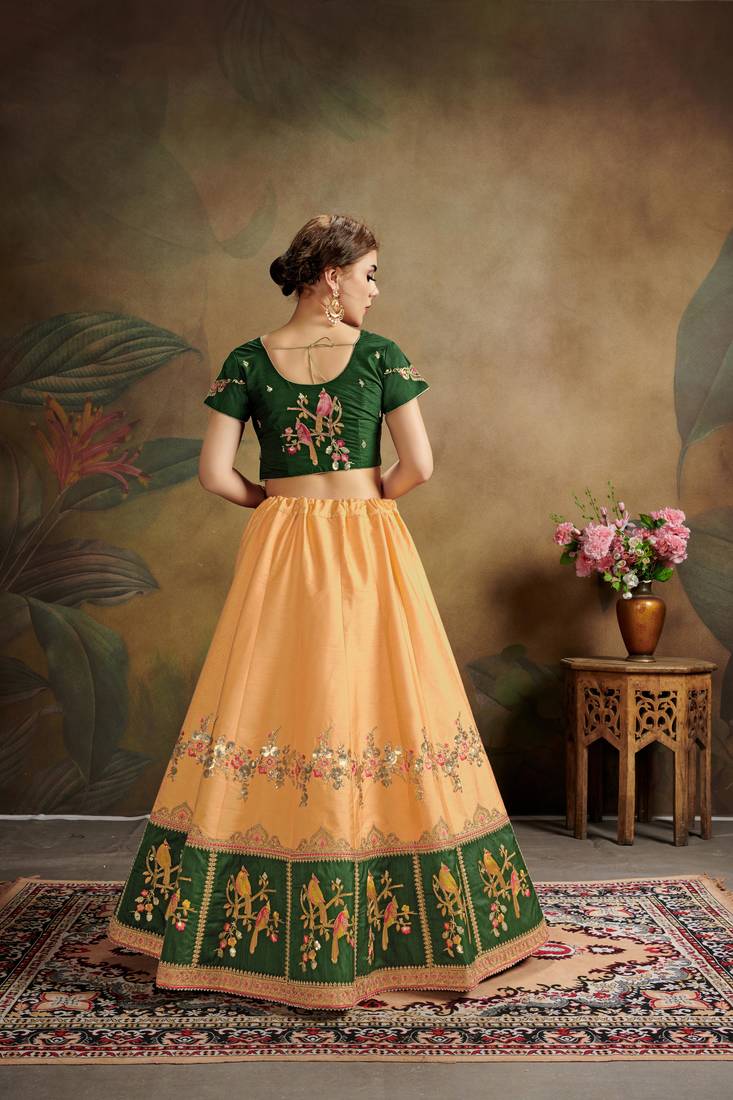 Peach Embroidered Silk Blend Semi Stitched Lehenga Choli