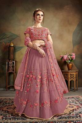 Purple Embroidered Net Semi Stitched Lehenga Choli 1