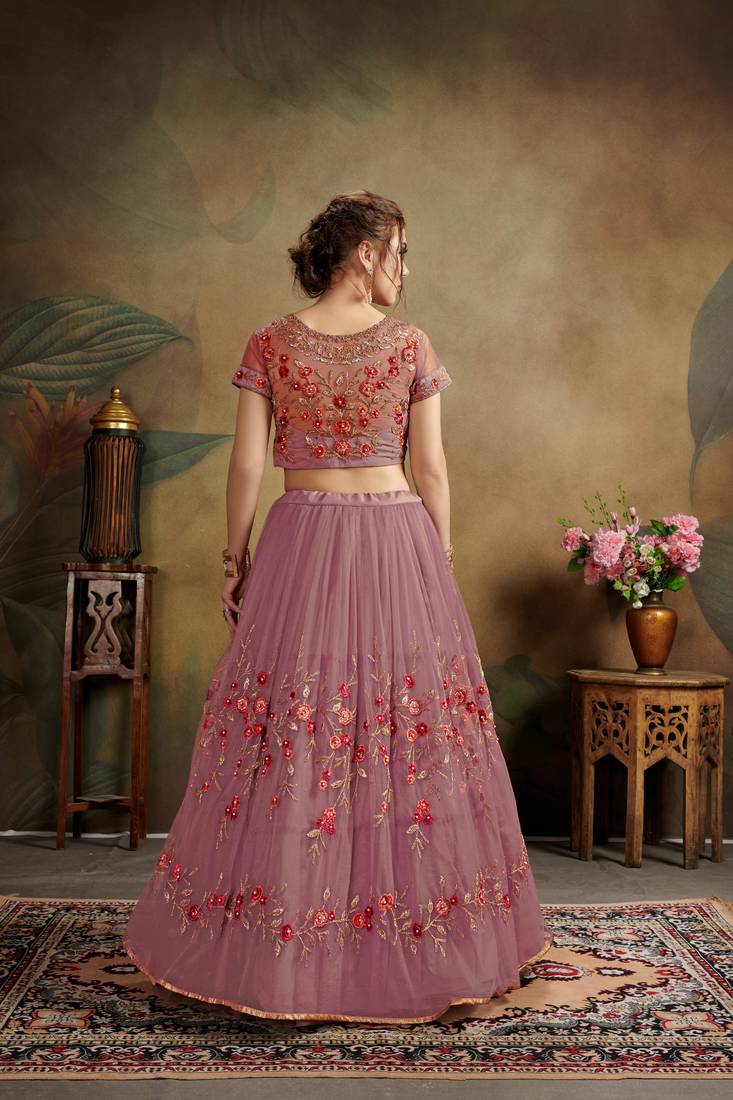 Purple Embroidered Net Semi Stitched Lehenga Choli