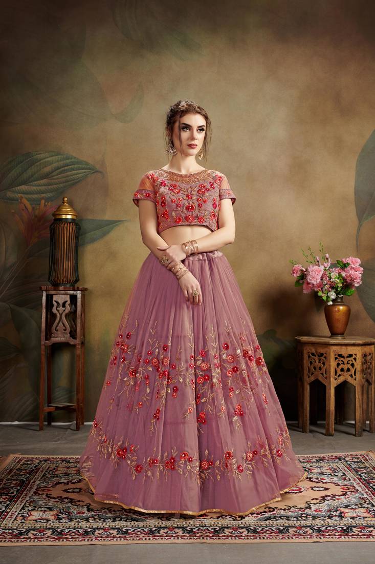 Purple Embroidered Net Semi Stitched Lehenga Choli