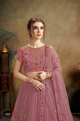 Purple Embroidered Net Semi Stitched Lehenga Choli 4