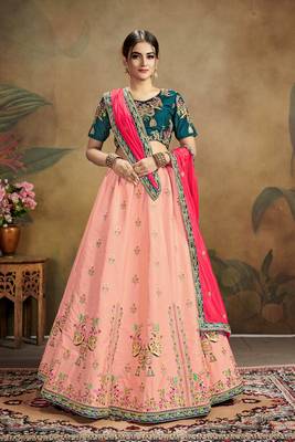 Pink Embroidered Silk Blend Semi Stitched Lehenga Choli 1