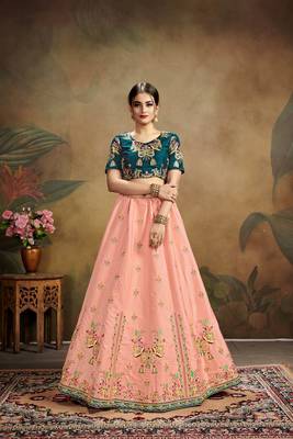 Pink Embroidered Silk Blend Semi Stitched Lehenga Choli 3