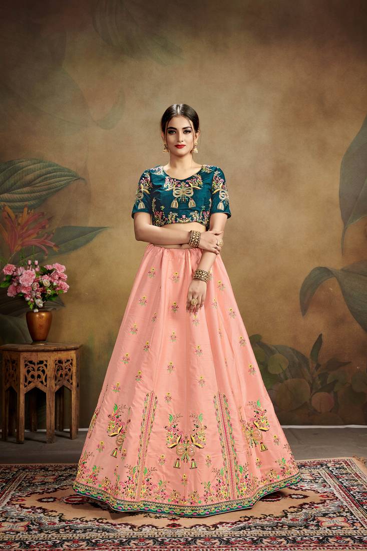 Pink Embroidered Silk Blend Semi Stitched Lehenga Choli