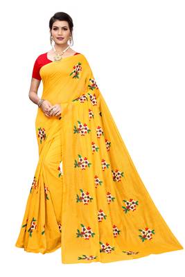 Yellow EMBROIDERED CHANDERI SAREE WITH BANGLORI BLOUSE 1