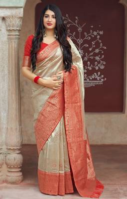 Cream woven banarasi silk saree with blouse 4