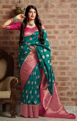 Sea-green woven banarasi silk saree with blouse 1