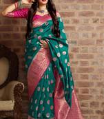 Sea-green woven banarasi silk saree with blouse