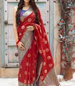 Red woven banarasi silk saree with blouse