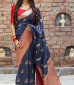 Blue woven banarasi silk saree with blouse