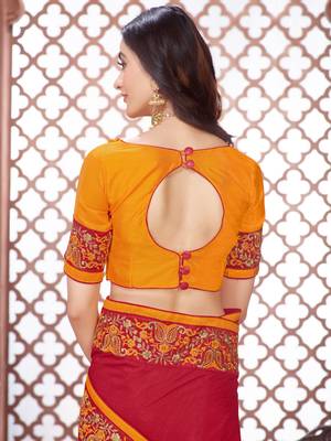 Red embroidered art silk saree with blouse 5