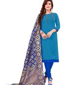 Sky Blue Slub Cotton Hand Work Dress Material With Banarasi Dupatta