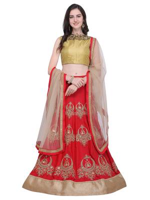 Red embroidered art silk semi stitched lehenga 1