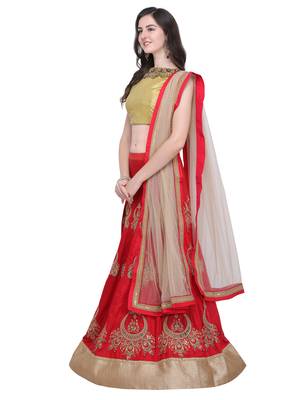 Red embroidered art silk semi stitched lehenga 2