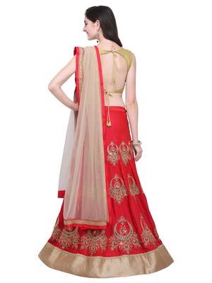 Red embroidered art silk semi stitched lehenga 3