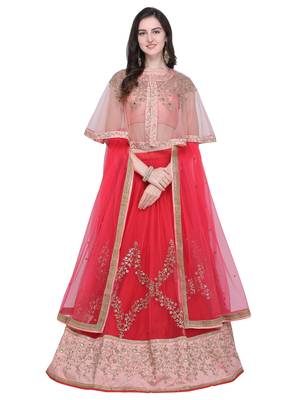 Pink embroidered net semi stitched lehenga 1