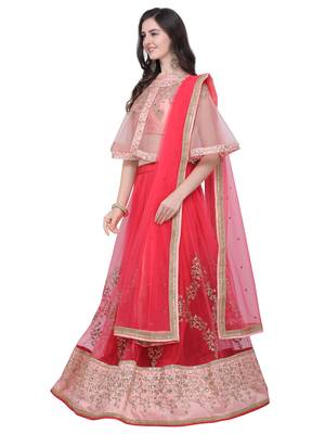 Pink embroidered net semi stitched lehenga 2