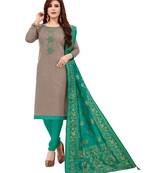 Grey Slub Cotton Hand Work Dress Material With Banarasi Dupatta