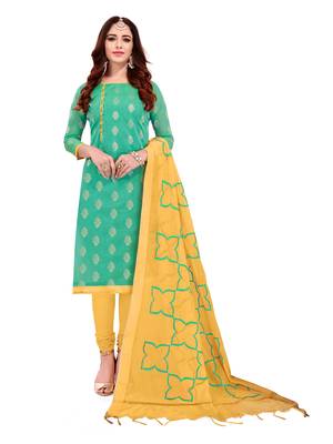 Turquoise & Yellow Banarasi Jacquard Dress Material With Thread Work Modal Silk Dupatta 1