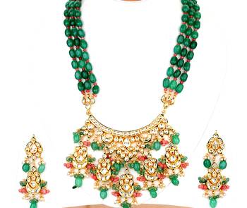 Wedding Premium Kundan Semi Precious Beads Green Onyx Necklace Sets 3