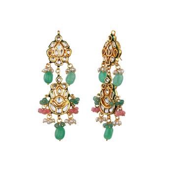 Wedding Premium Kundan Semi Precious Beads Green Onyx Necklace Sets 4