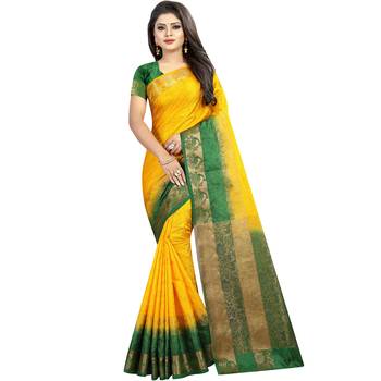 Yellow woven banarasi silk saree with blouse 1