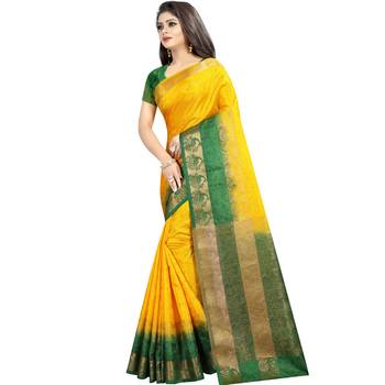 Yellow woven banarasi silk saree with blouse 2