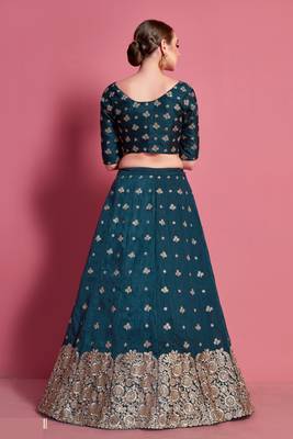 Dark Green Sequins Embroidered Art Silk Semi Stitched bridal lehenga 3